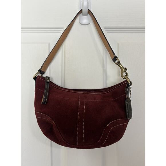Coach Handbags - VTG Y2K Rare Coach Suede Crescent Hobo Handbag Maroon Leather E043-4284